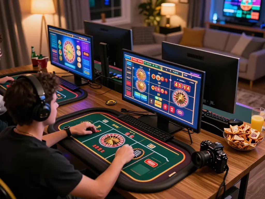Engaging with online gaming on trang chủ 79king, showcasing a player using multiple screens for strategic play.
