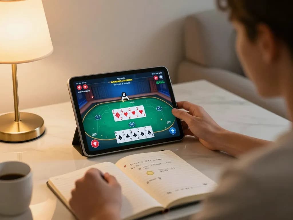 Engaging in online poker gameplay at https://123win.click/ with strategic notes displayed on the table.
