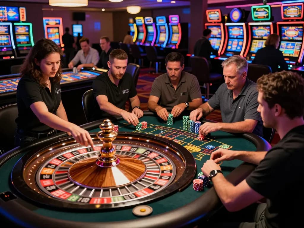 MPOID players enjoying an engaging roulette game at a vibrant casino with colorful chips and an excited atmosphere.