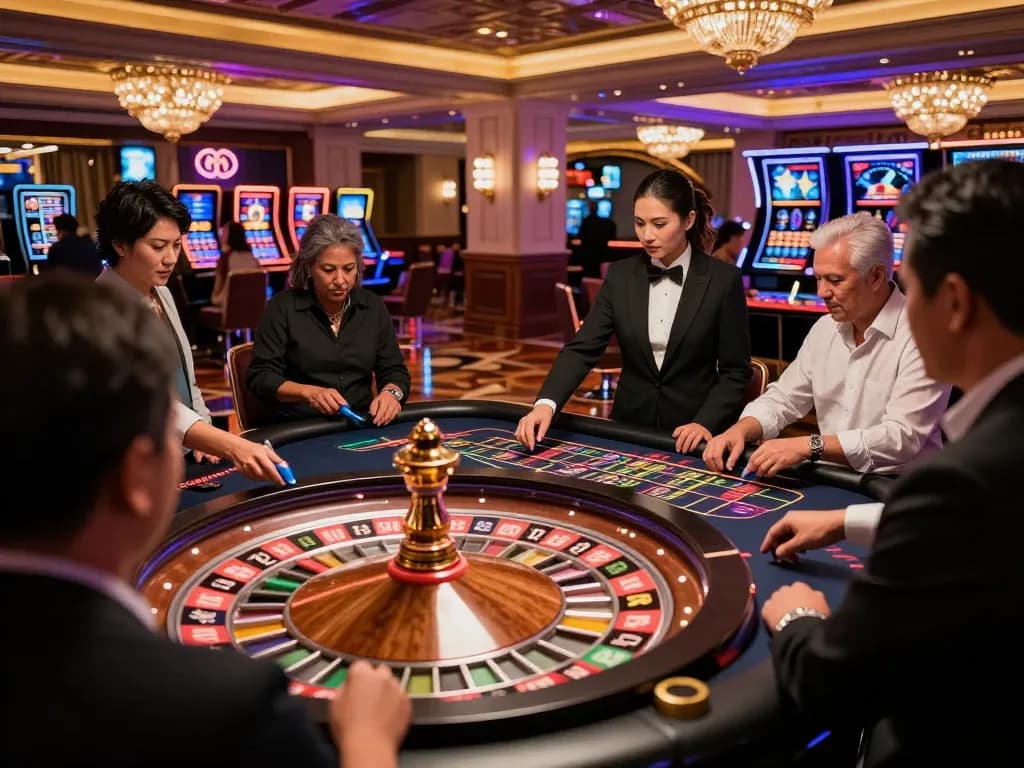 VA88 players placing bets at a roulette table in a vibrant Las Vegas casino scene.