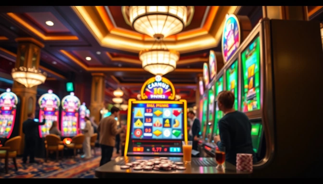 Main focus on situs slot gacor with vibrant slot machine in a luxurious casino setting.