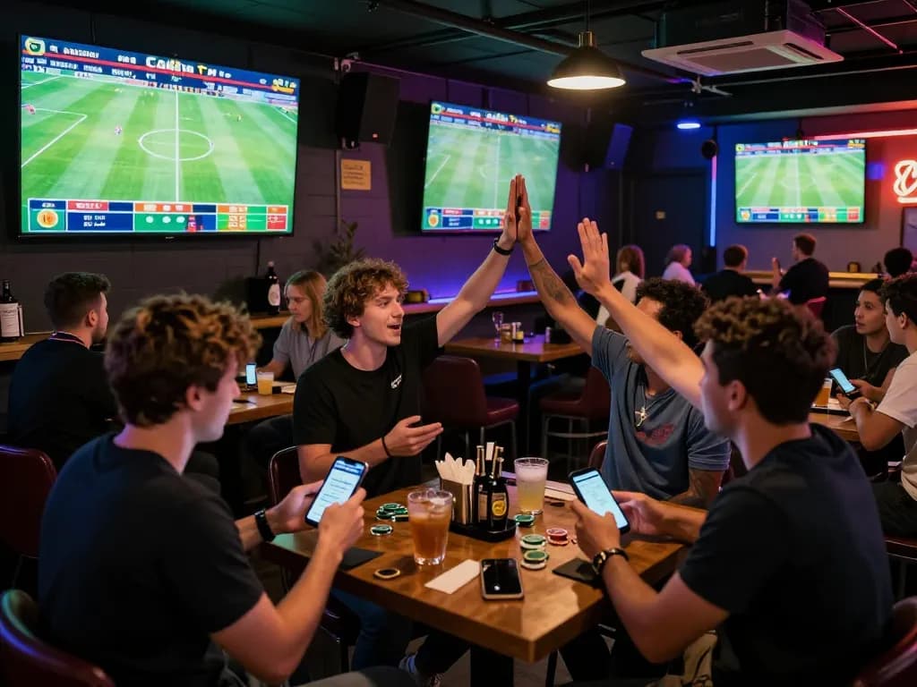 Cakhia tv viewers placing bets while enjoying a live sports match in a lively bar atmosphere