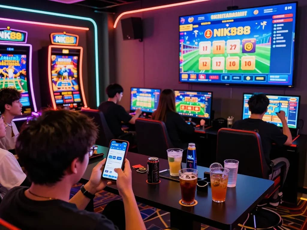 Players enjoying NK88 online gaming promotions in a vibrant, modern lounge setting.