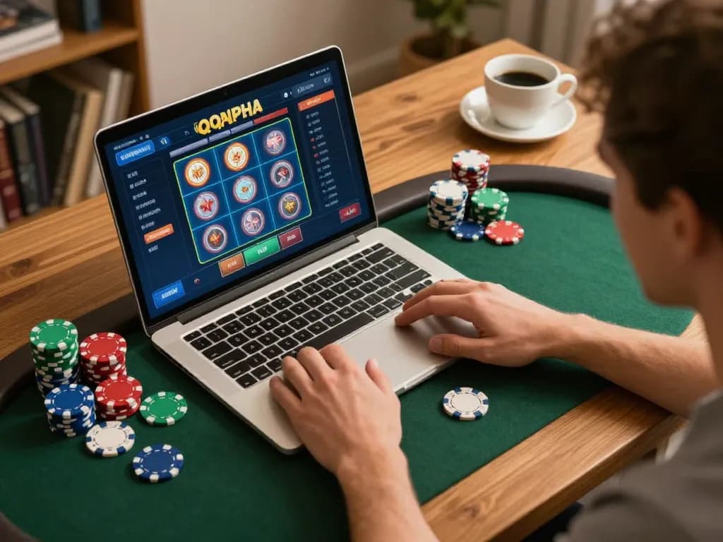 Playing qqalfa slot online with laptop and colorful chips in cozy home setup.
