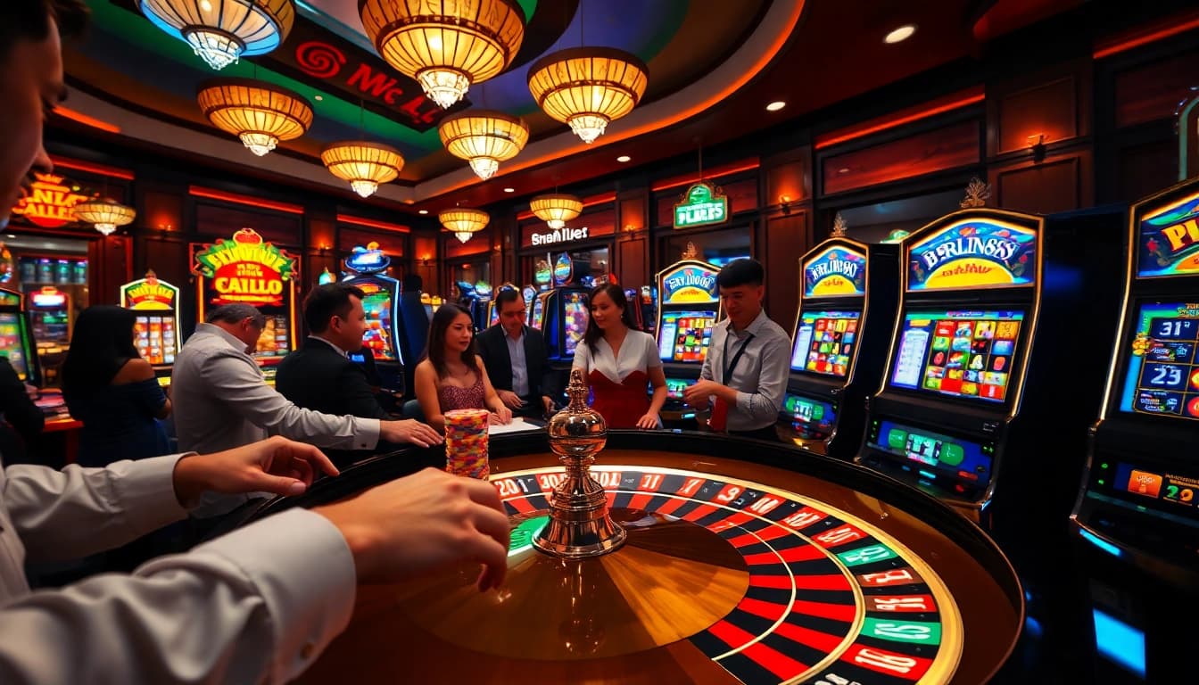 Players enjoying the thrill of BERLIAN888 at a lively casino, engaged in betting and excitement.