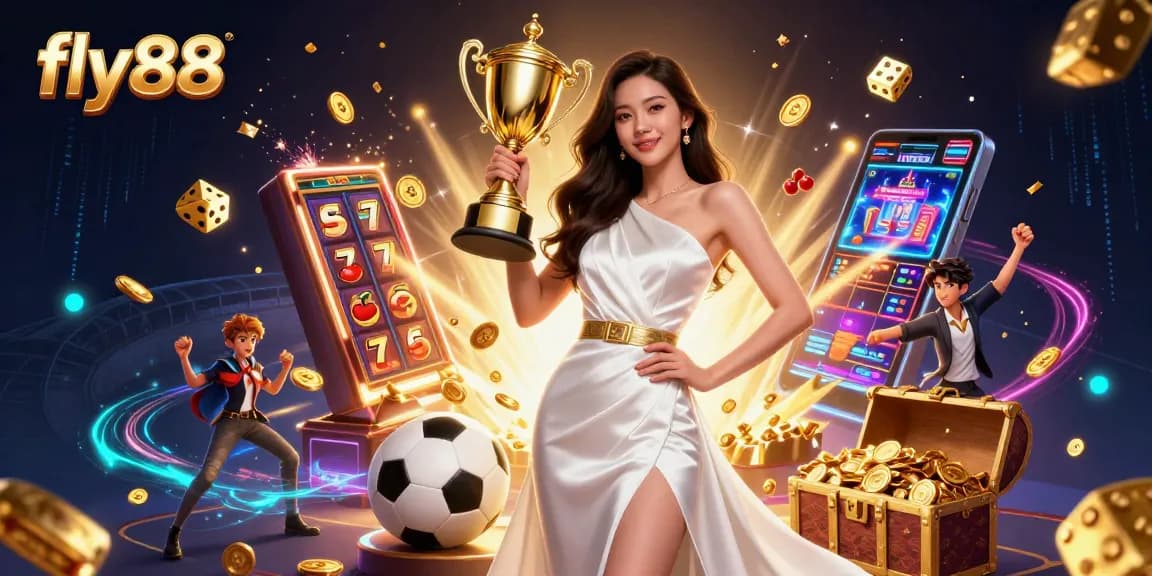Win big with fly88 at a vibrant Asian casino, showcasing dynamic sports betting elements and a triumphant trophy.