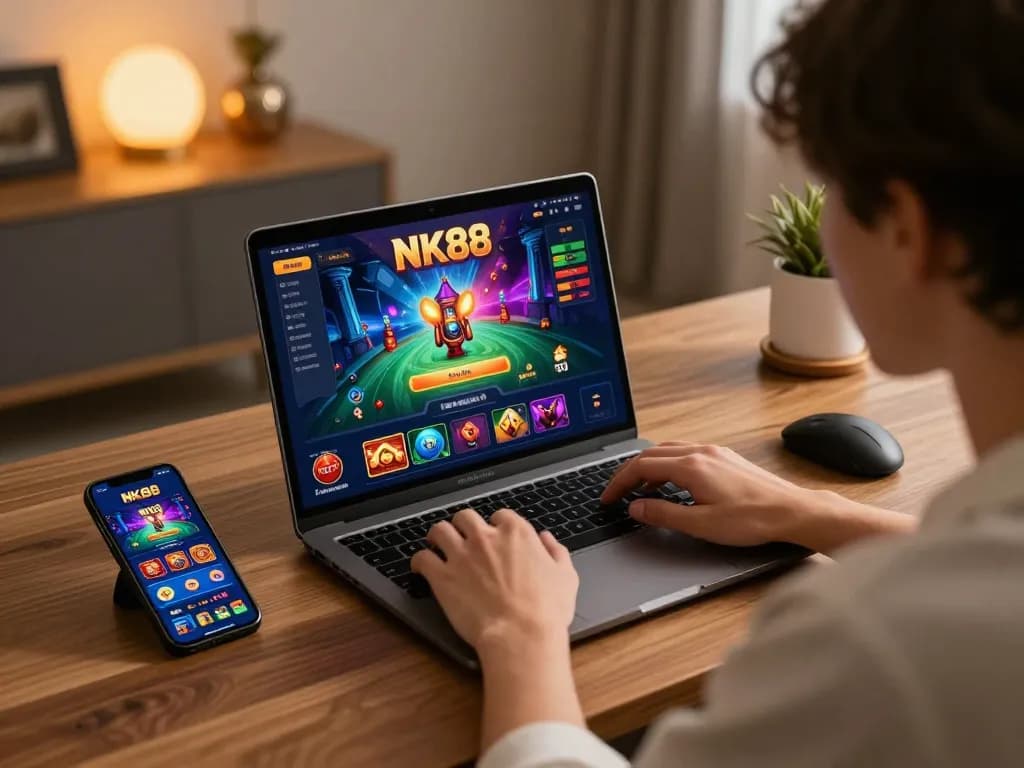 Navigating NK88 online casino with excitement, showcasing vibrant game interface and modern gaming setup.