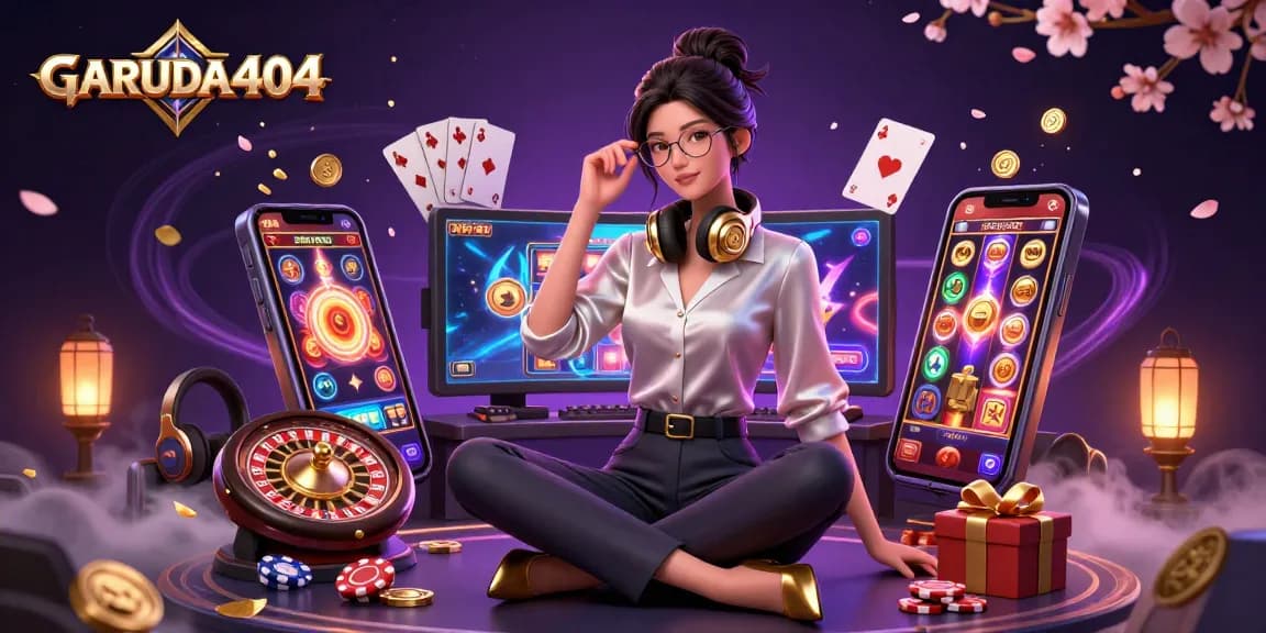 Experience dynamic gaming with GARUDA404 featuring a professional gamer, slot games, and casino elements.