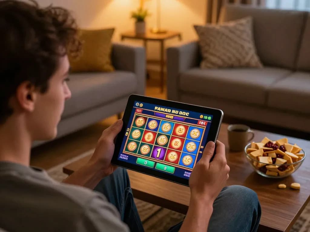 Pemain Pandawin menikmati permainan slot online yang menarik di rumah, menangkap semangat permainan yang bertanggung jawab.