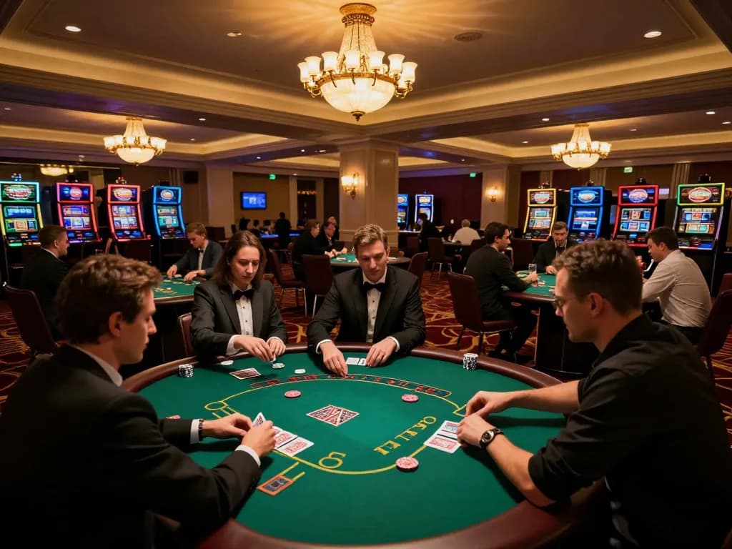 Players engaging at poker tables at https://luck8.bid/ under warm casino lighting, showcasing vibrant gambling atmosphere.