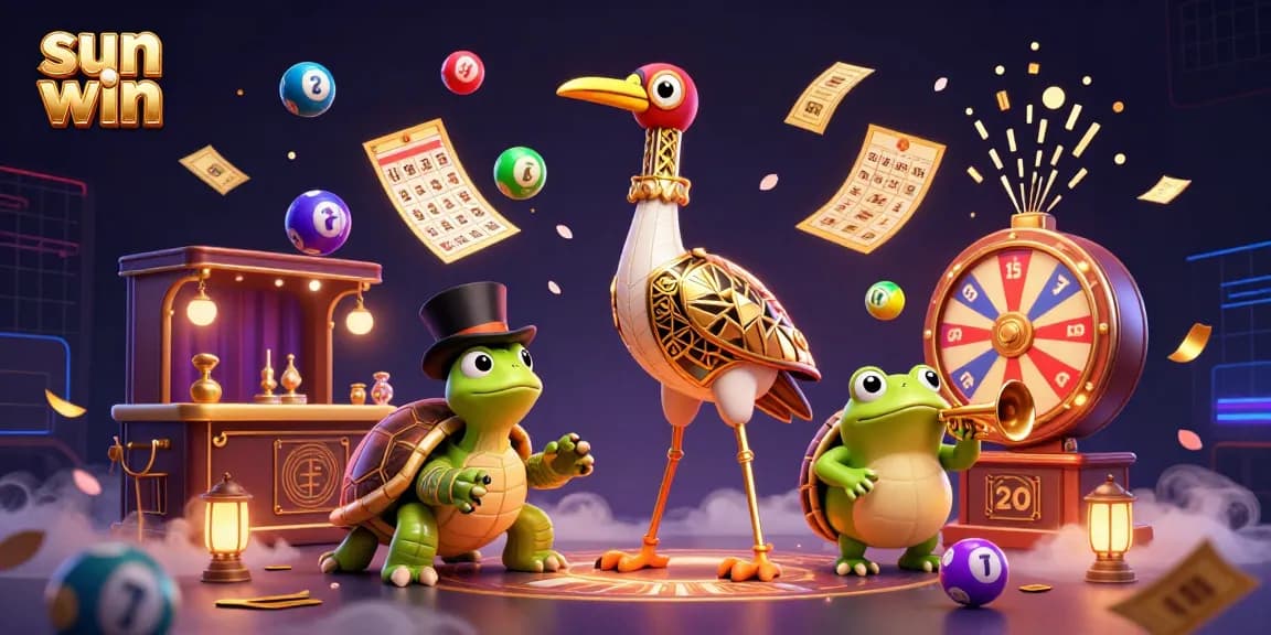 Experience the thrill of sun win with a vibrant 3D casino scene featuring festive characters and dynamic game elements.