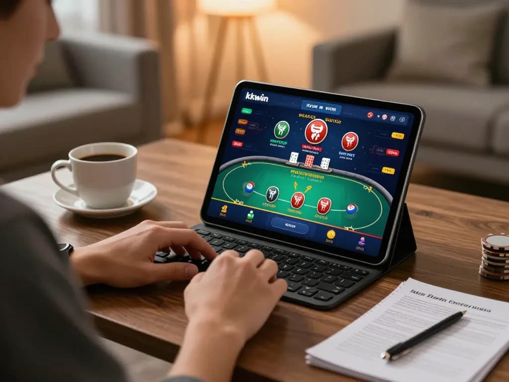 Kkwin player engaged in online gaming with tablet in a cozy home setting.