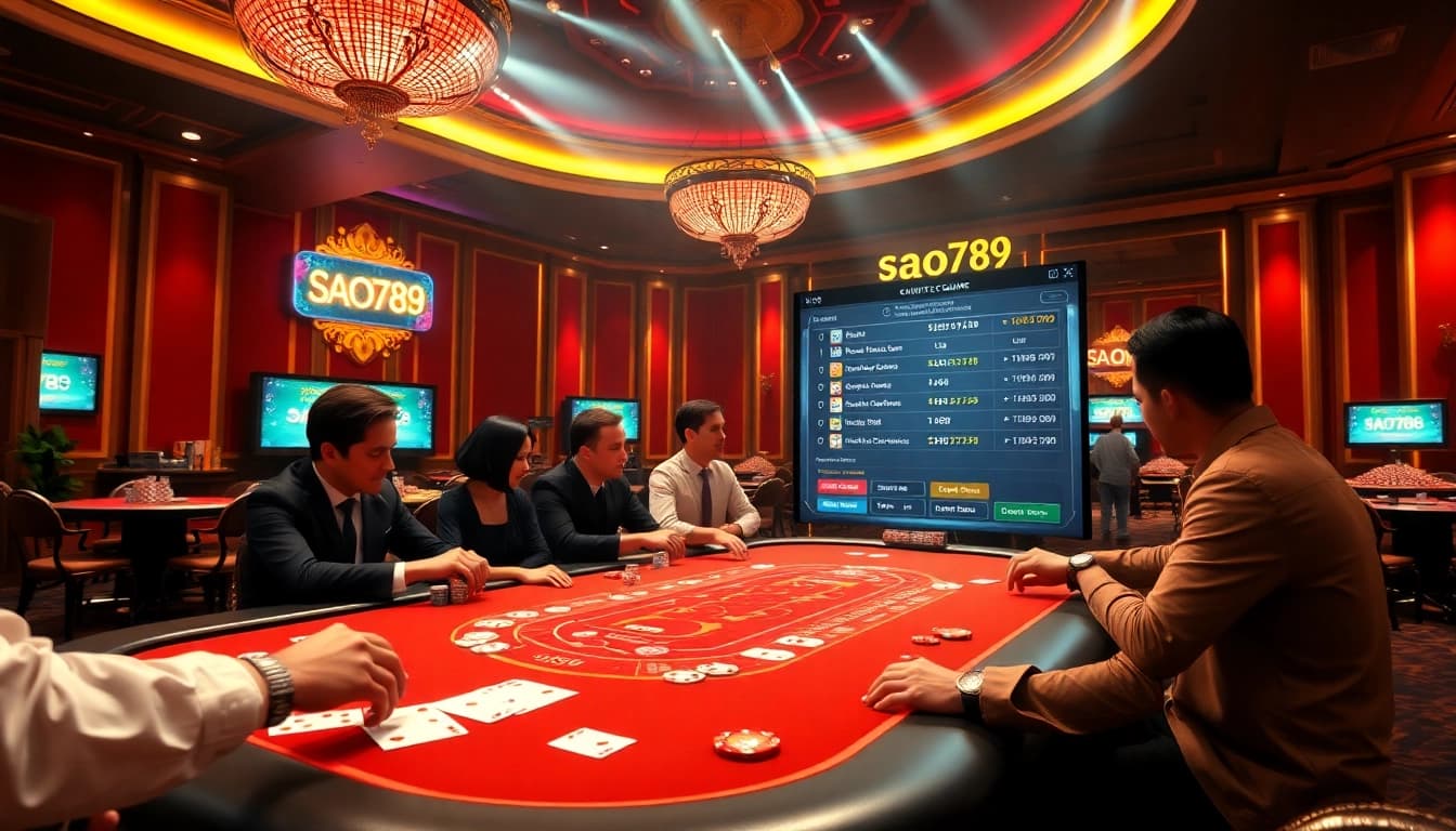 Sao789 engaging players at poker tables with luxurious elements, highlighting thrilling gaming action.