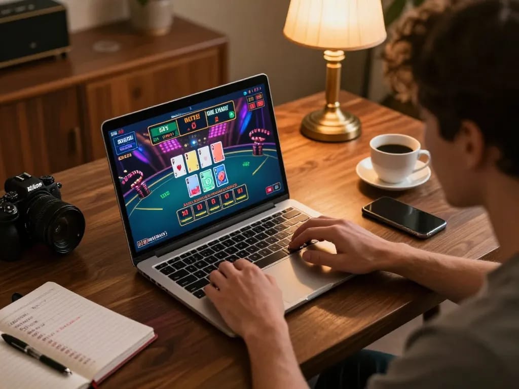 LC88 player engaging in blackjack at home, showcasing strategic gameplay and vibrant online casino atmosphere.