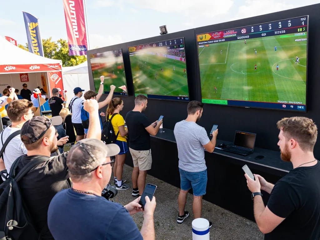 People engaging in sports betting at outdoor event, enjoying the excitement of alo8.