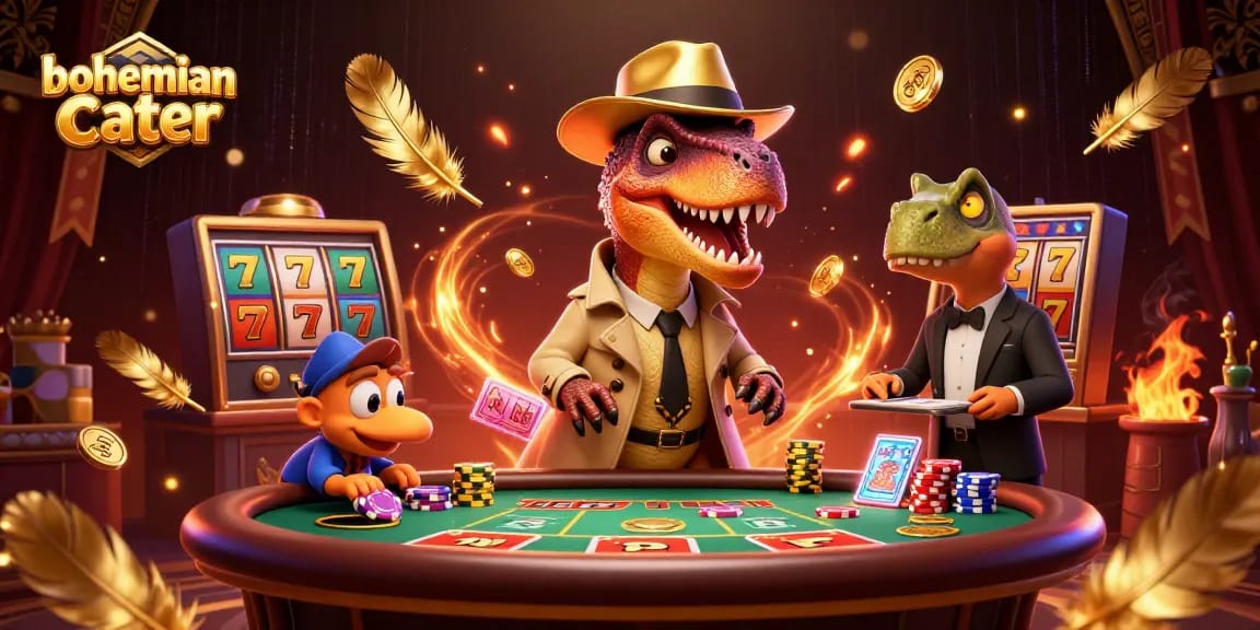 bohemiancater features a velociraptor playing blackjack while a stegosaurus pit boss watches over golden chips.