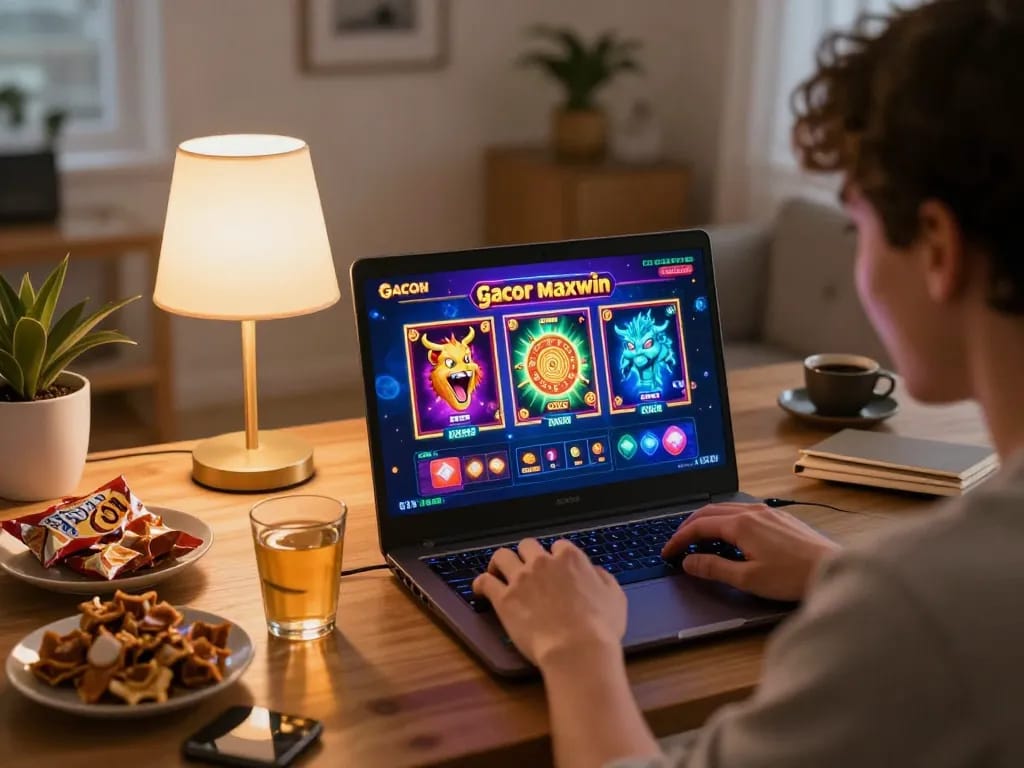 Memainkan slot gacor maxwin secara online di laptop dalam suasana nyaman dengan camilan, menekankan permainan yang strategis.
