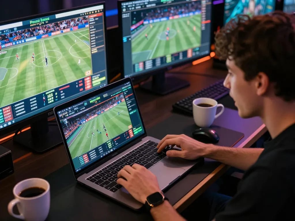 Player analyzing sports betting options at da88 on a sleek laptop, focused and engaged in strategic decision-making.