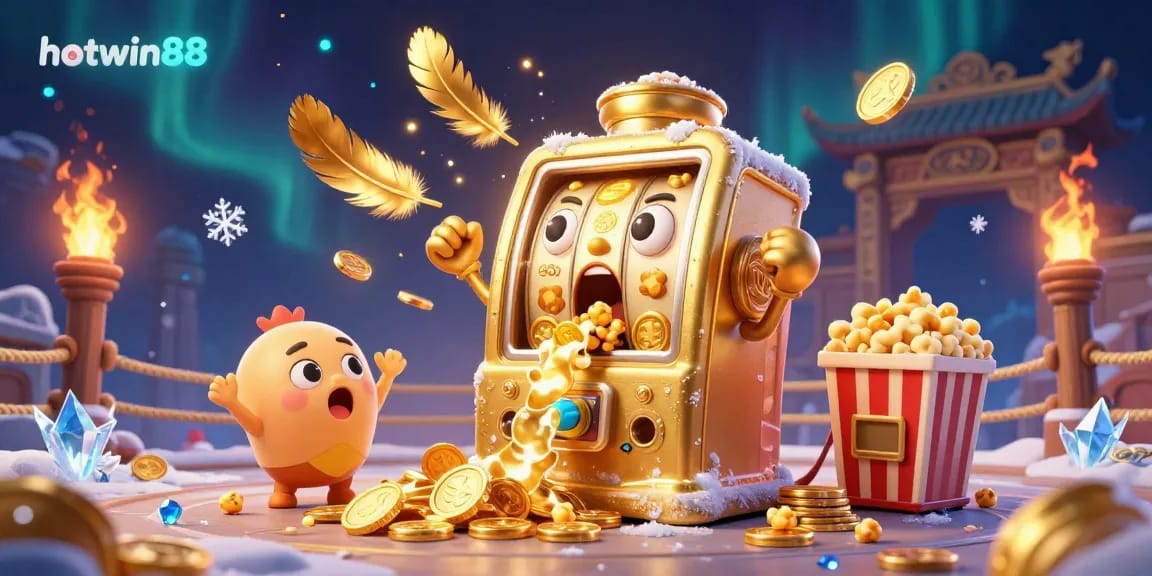 Engage with hotwin88 as a golden slot machine hits a jackpot showering coins, surrounded by cheering baby machines.