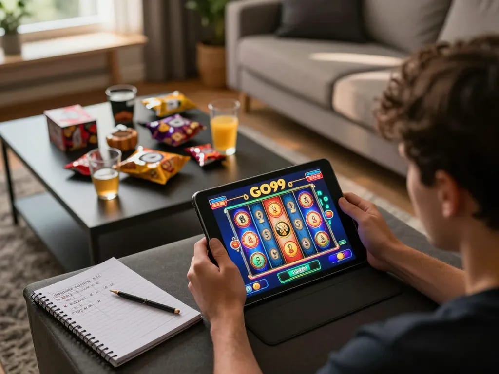 Player engaging in GO99 online gaming with tablet showcasing vibrant slot machine action
