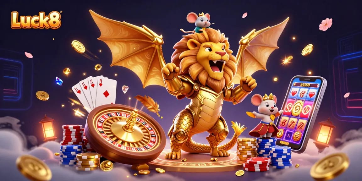 Luck8 offers a thrilling gambling experience with a golden chimera and mouse jockey amidst coins and prizes.