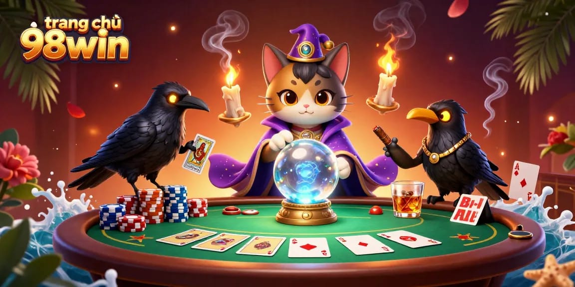 Engage with the vibrant world of trang chủ 98win, featuring a mystical cat and a devilish raven amidst rich casino elements.