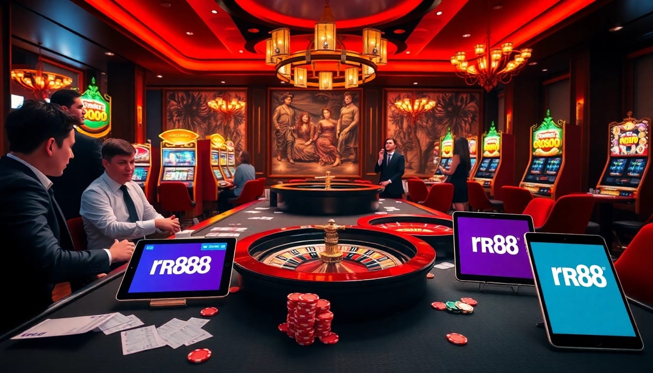 Players enjoying rr88 58k at a luxurious online casino with vibrant games and engaged dealers.
