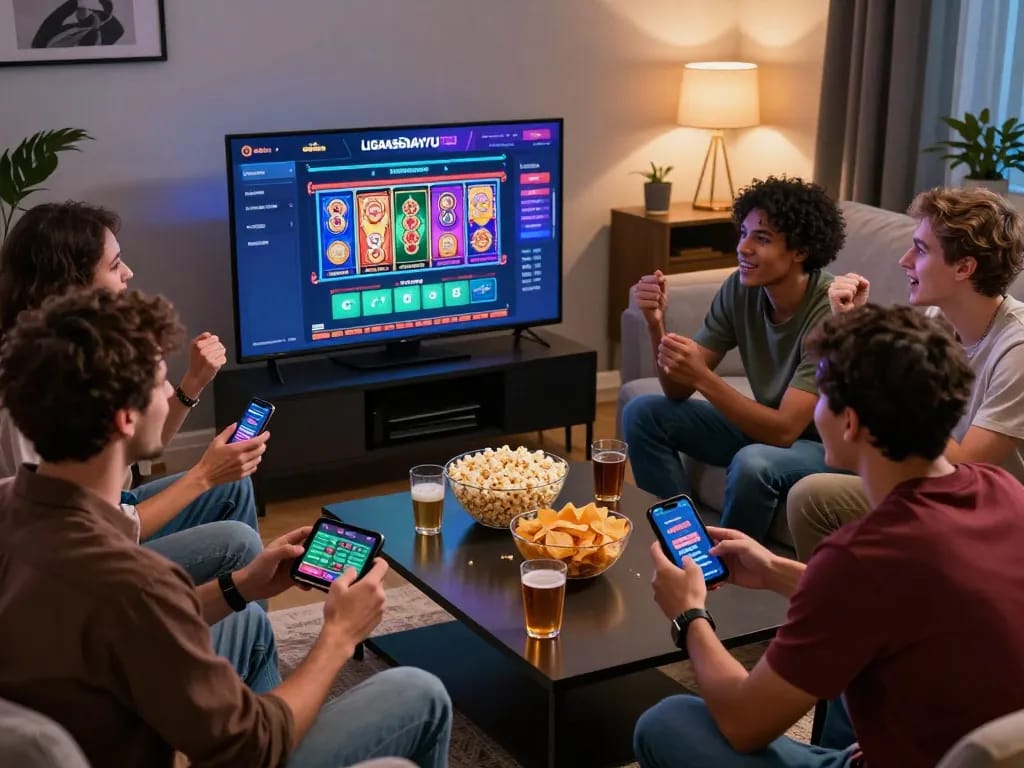 Diverse friends enjoying an exciting online gaming session on ligasedayu platform with vibrant visuals.