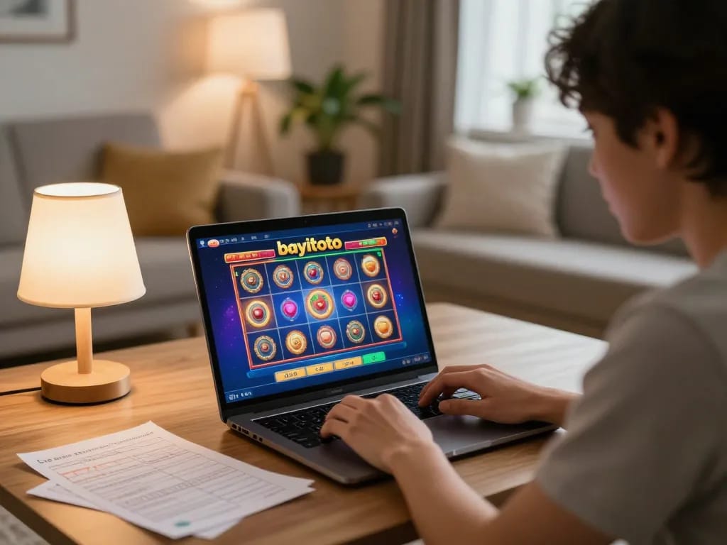 Engaged player focused on bayitoto slot game on laptop at home, demonstrating strategic online gambling session