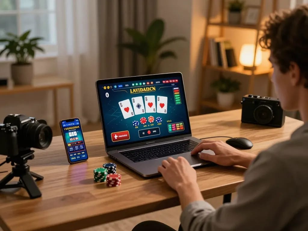 Pfly88 user enjoying live dealer game on laptop, showcasing engaging online gambling experience.