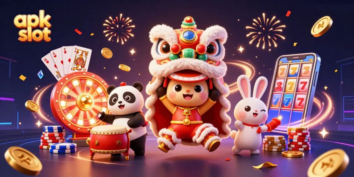 Mengakses apk slot dengan gaya bermain menarik dalam ilustrasi kasino digital yang penuh aksesoris keberuntungan