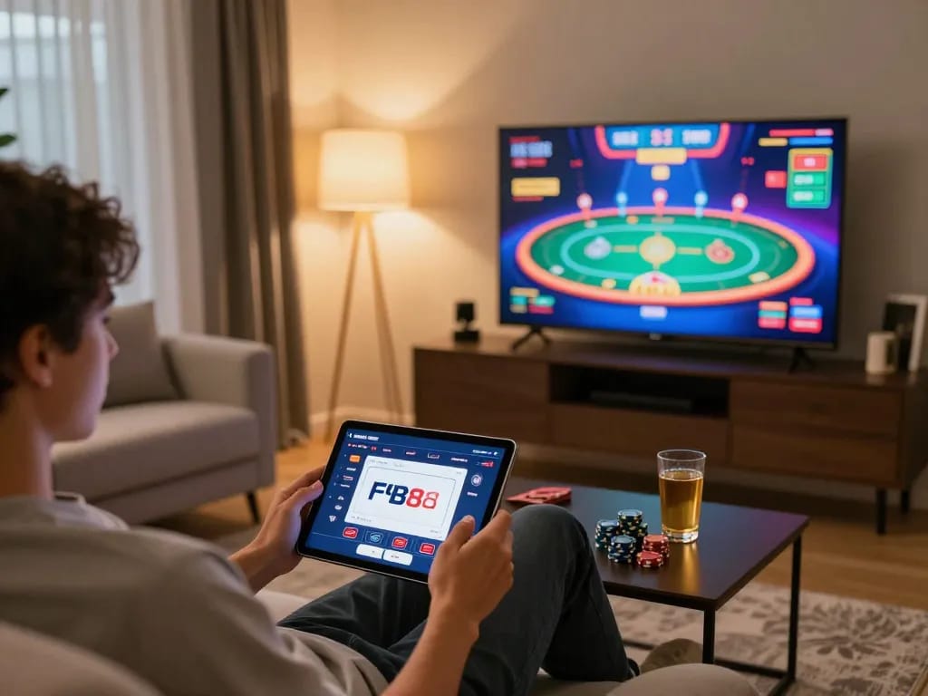 Engaging online gambling scene with a player using the FB88 app on a tablet, showcasing strategic gameplay.