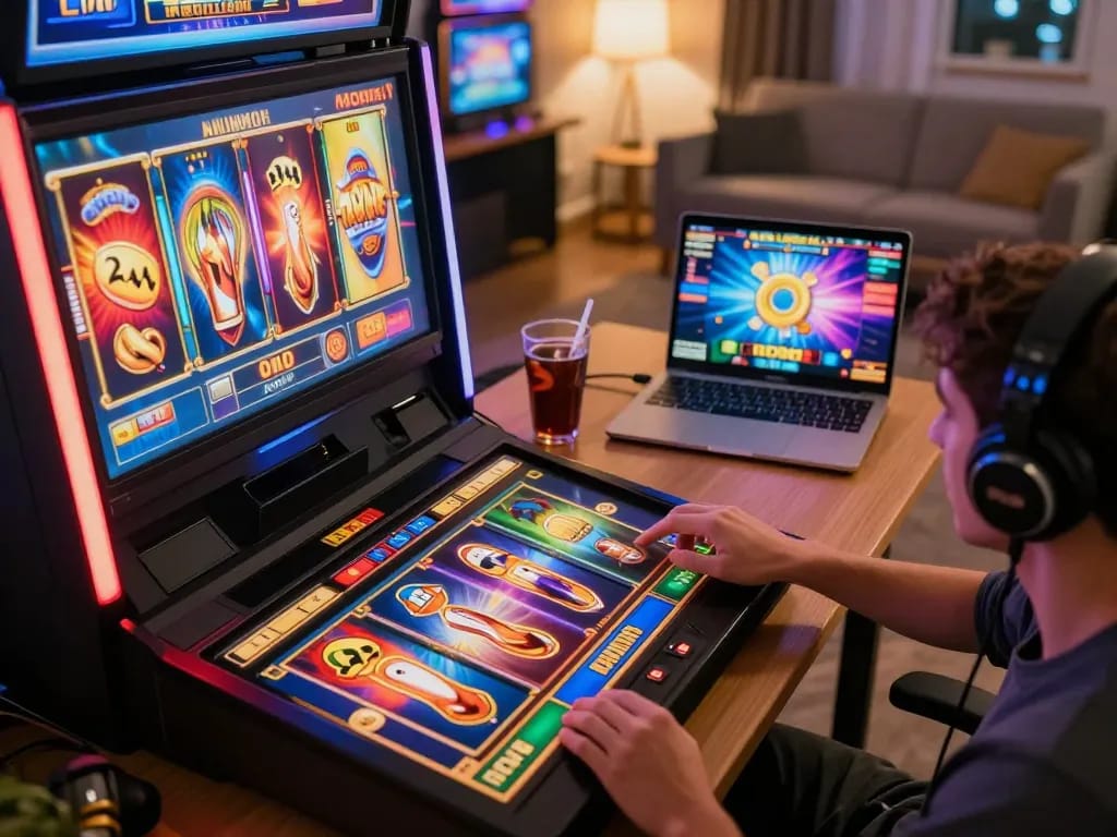 Player engaging with tr88 slot games on a tablet in a cozy home setting, showcasing animated reels and an inviting atmosphere.