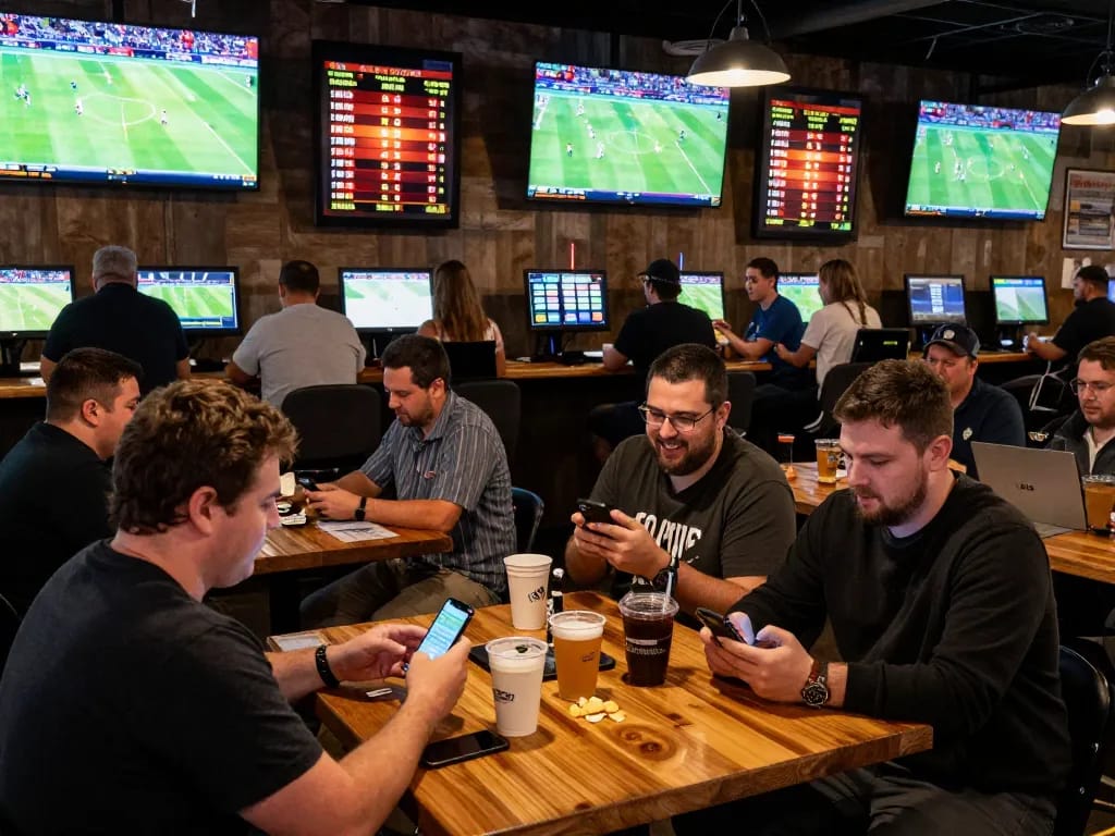 Engaged bettors placing bets at nhà cái 33win in a lively sports bar environment