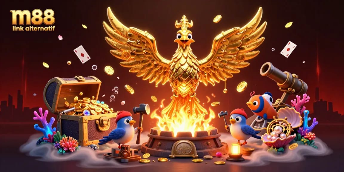 Experience the thrilling m88 link alternatif with a golden phoenix rising and treasure elements bursting.