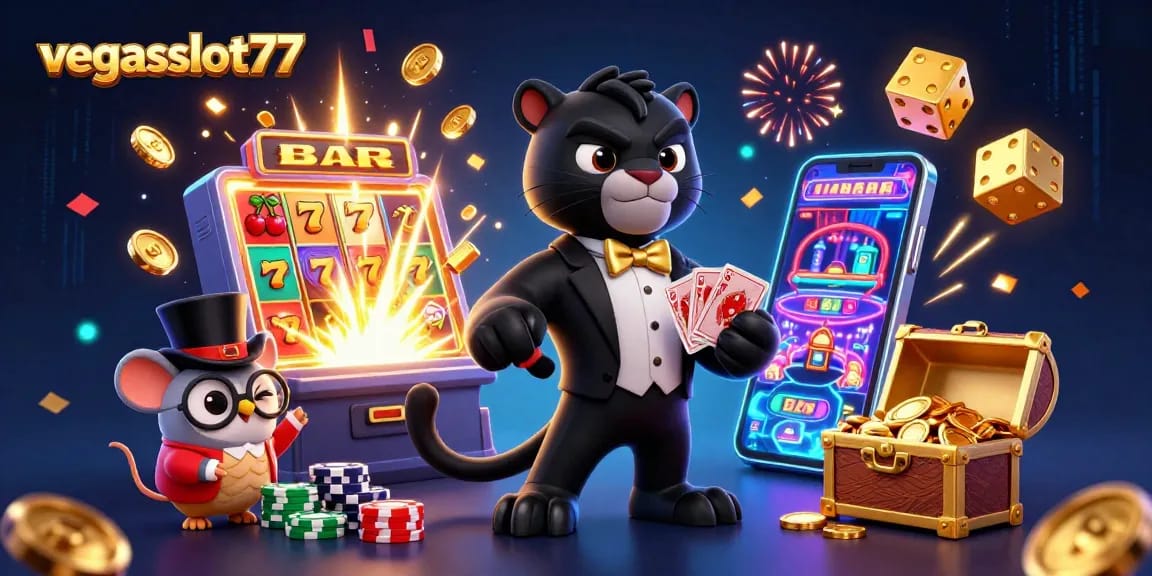Vegasslot77 mempersembahkan ilustrasi kasino dengan karakter unik dan elemen permainan yang menarik.