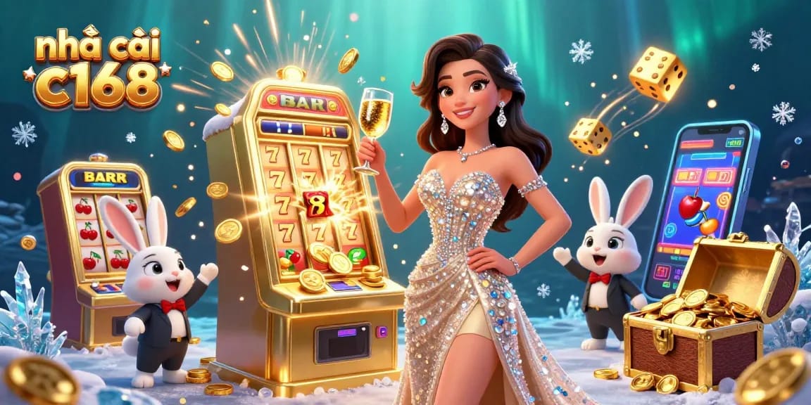 Engage with the exciting world of nhà cái c168, featuring a glamorous woman celebrating with a golden jackpot.