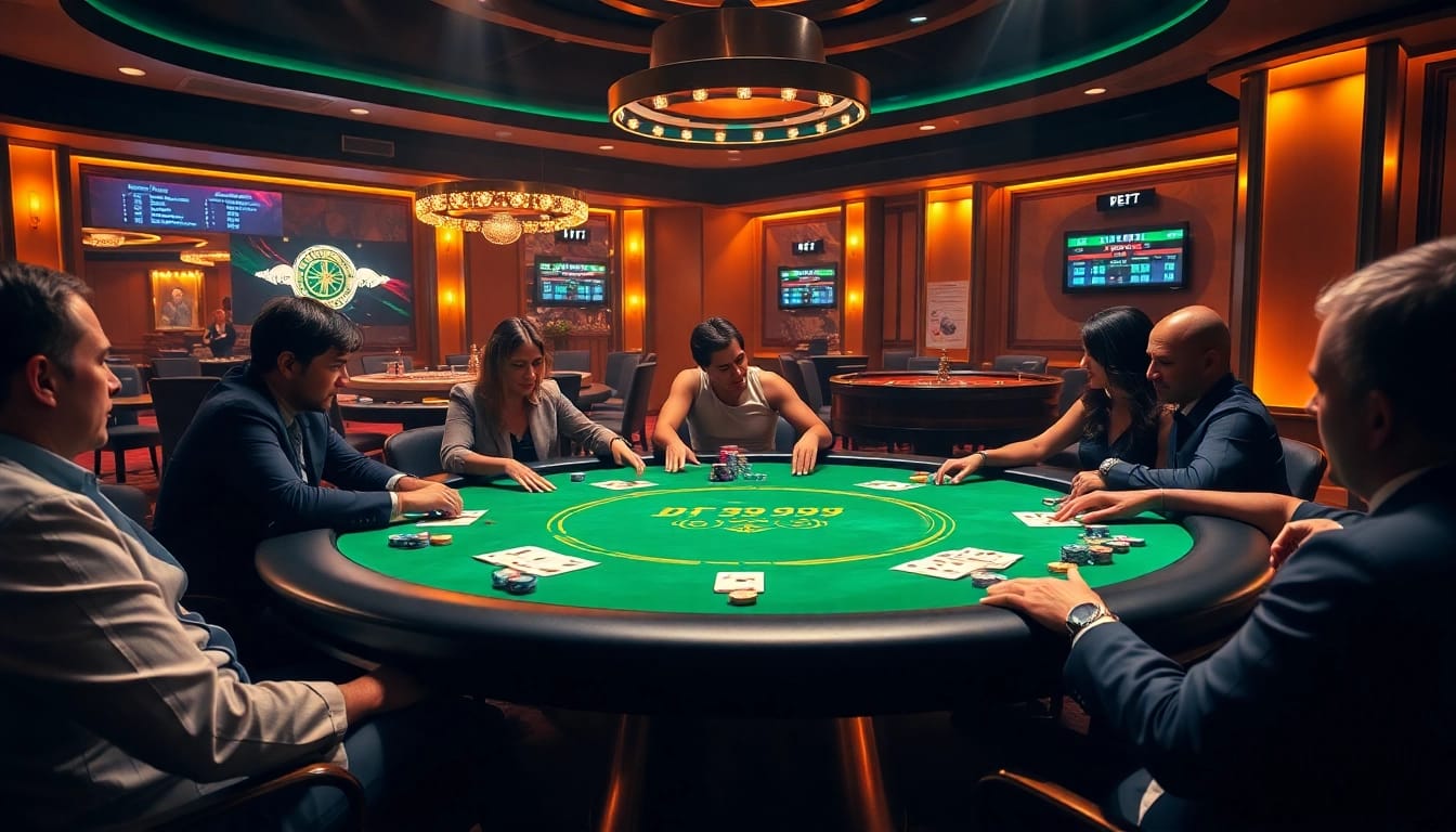 Exciting gameplay at a DF 999 poker table in a luxurious casino setting.
