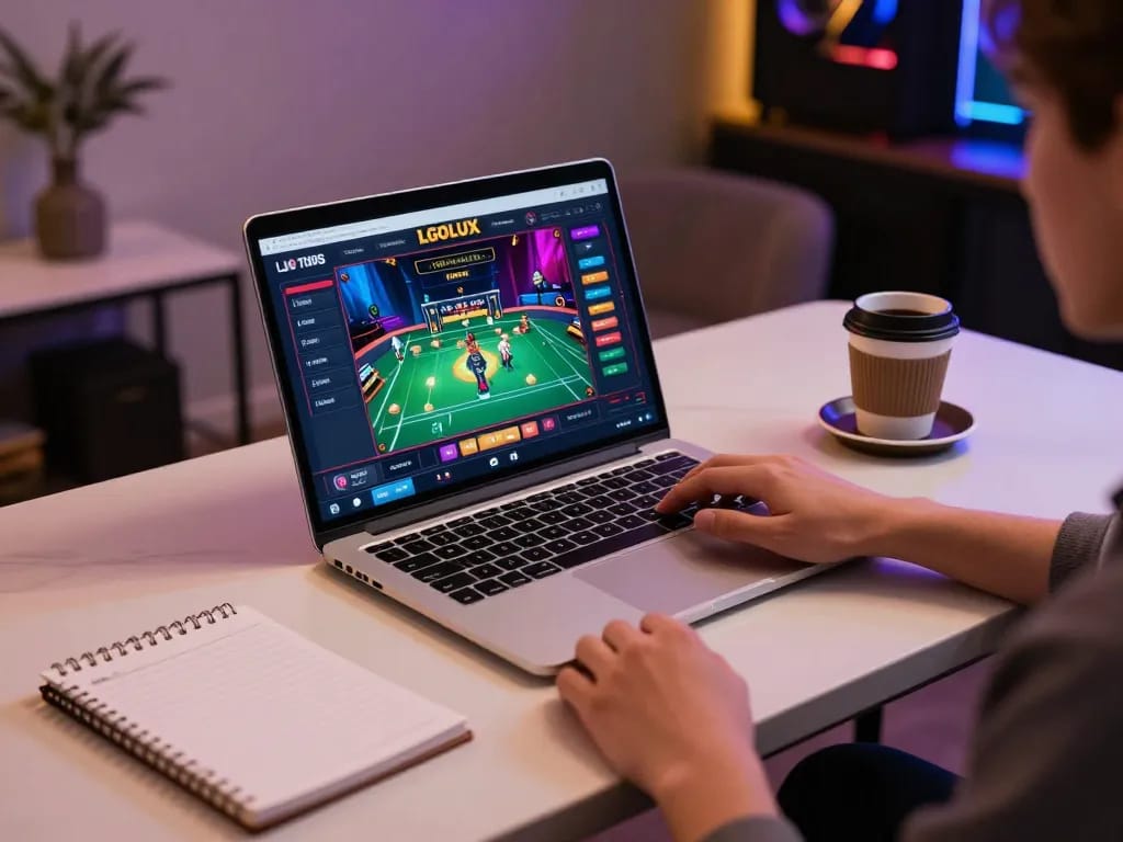 Play poker on LGOLUX's premium online platform with a stylish laptop setup in a cozy atmosphere.