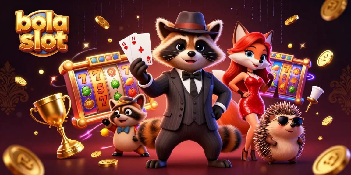 Experience thrilling bola slot gameplay with a suave raccoon, elegant fox, and bouncer amidst vibrant casino elements.