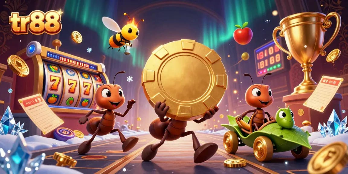 Experience the excitement of tr88 with a thrilling heist by cartoon ants carrying a giant poker chip!
