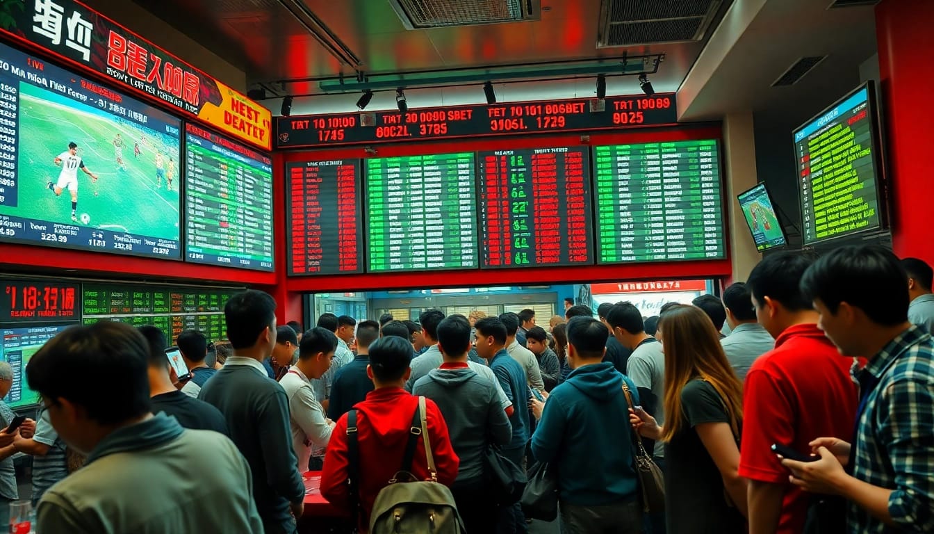 Dynamic sports betting scene showcasing kèo nhà cái odds with engaged participants in a lively atmosphere.