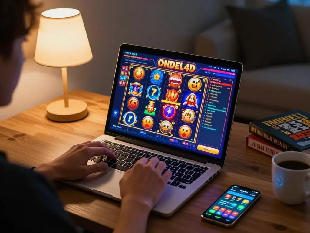 Engaging in online slot gaming on ONDEL4D platform with vibrant display of games and cozy setup.