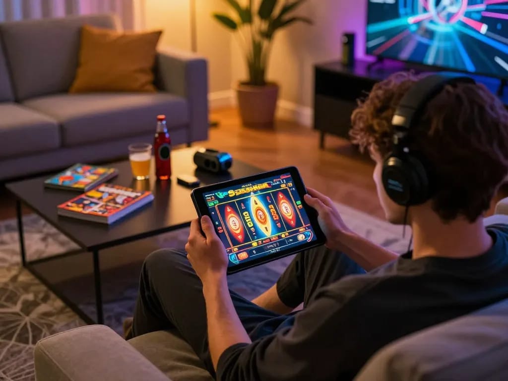 Pemain berinteraksi dengan permainan kasino online Spaceman di tablet, dikelilingi oleh materi strategi permainan.