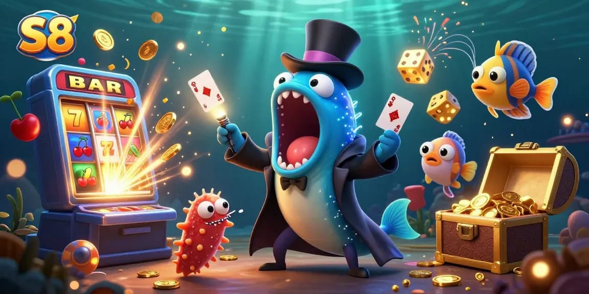 S8 features an electric 3D casino scene with colorful characters and dynamic gambling elements.