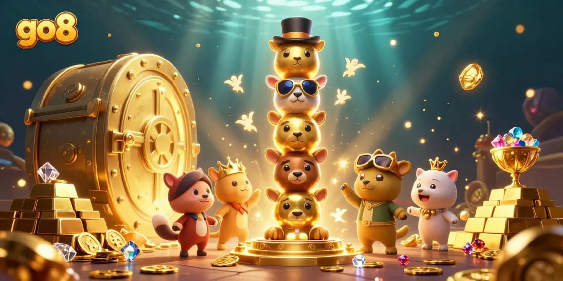 Experience thrilling jackpots with go8’s vibrant 3D casino illustration featuring lively characters and dynamic game elements.