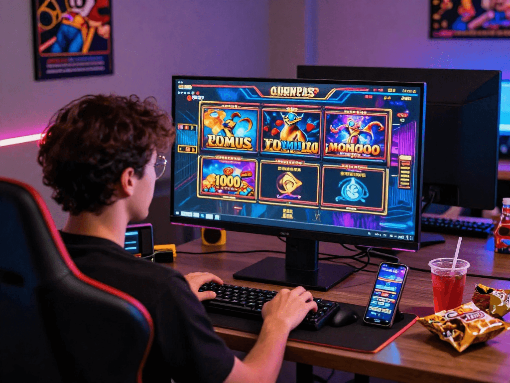 Engaging player enjoying slot resmi games on a vibrant desktop, showcasing popular titles and immersive graphics.