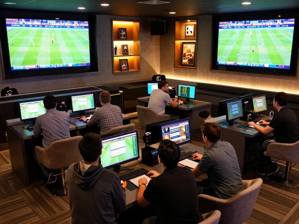 Dynamic sports betting scene showing tỷ lệ kèo nhà cái on screens as bettors strategize their wagers