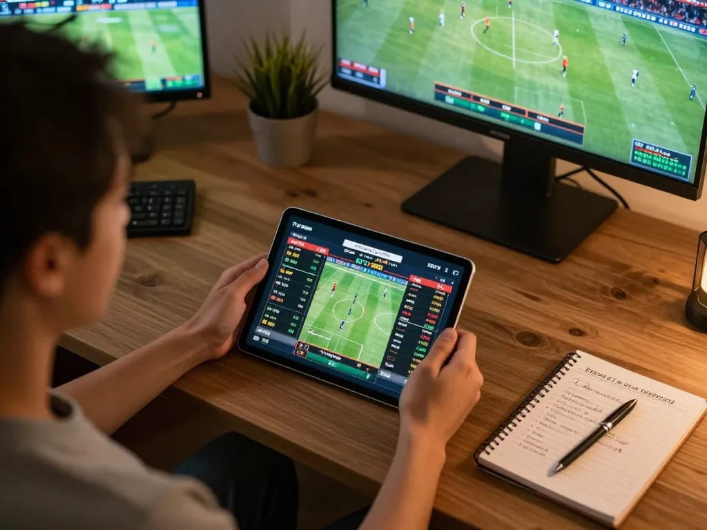 Scena di scommesse online coinvolgente che mostra i migliori bookmaker non AAMS su tablet con quote sportive.
