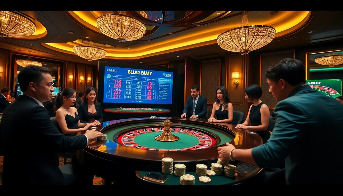 Engage in thrilling games at https://bj88daga.dev/ with players around a luxury roulette table.